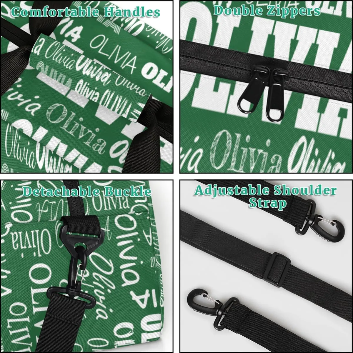 Personalized Gym Dance Bag for Girls, Custom Name Sport Duffel Bag Weekender Bags Carry On Travel Duffel Bag, Solid Dark Green