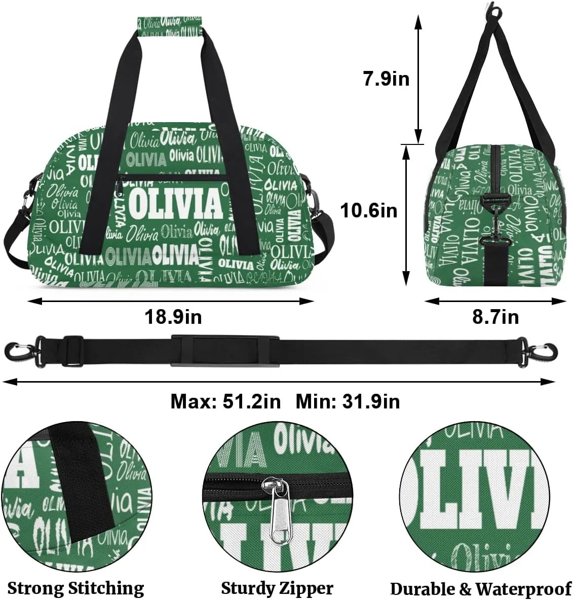 Personalized Gym Dance Bag for Girls, Custom Name Sport Duffel Bag Weekender Bags Carry On Travel Duffel Bag, Solid Dark Green