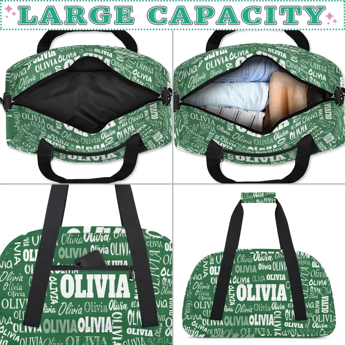Personalized Gym Dance Bag for Girls, Custom Name Sport Duffel Bag Weekender Bags Carry On Travel Duffel Bag, Solid Dark Green