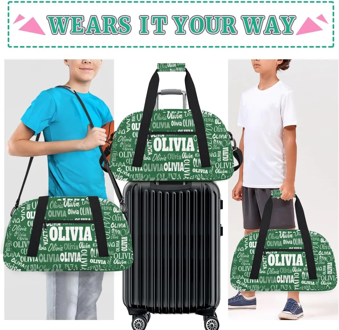 Personalized Gym Dance Bag for Girls, Custom Name Sport Duffel Bag Weekender Bags Carry On Travel Duffel Bag, Solid Dark Green