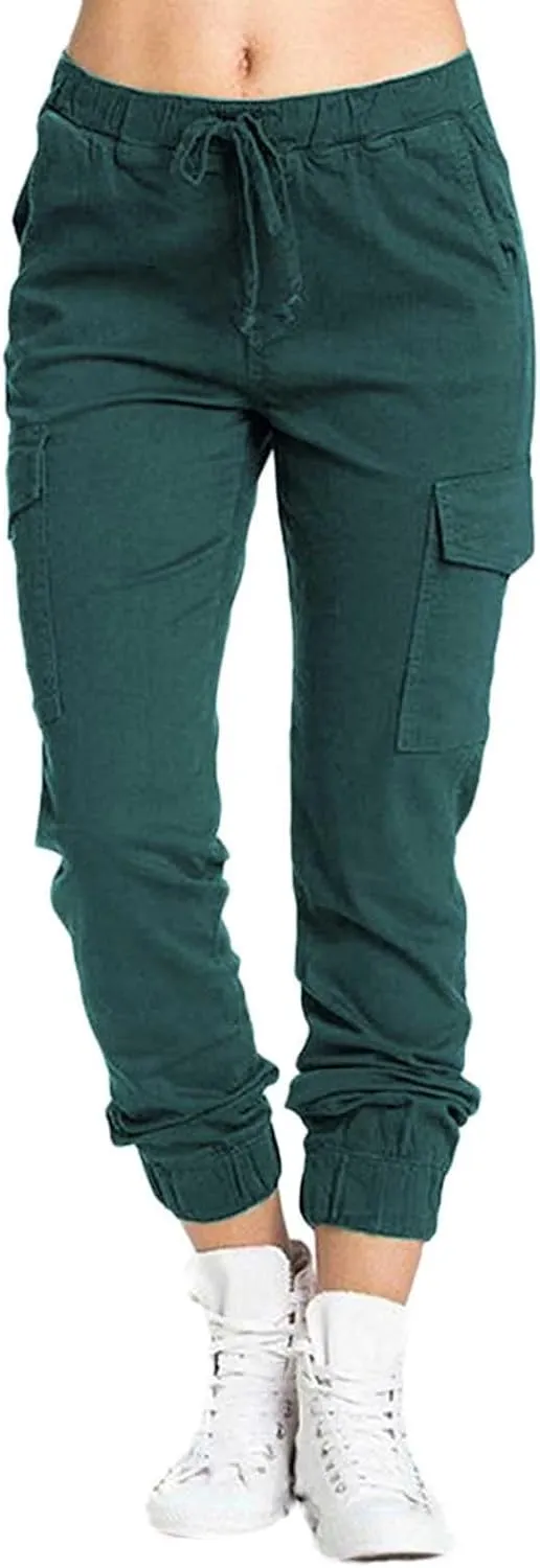 Petite Cargo Pants for Women Drawstring Elastic High Waist Lounge Cropped Pants Solid Color Baggy Comfy Trousers with Pocket
