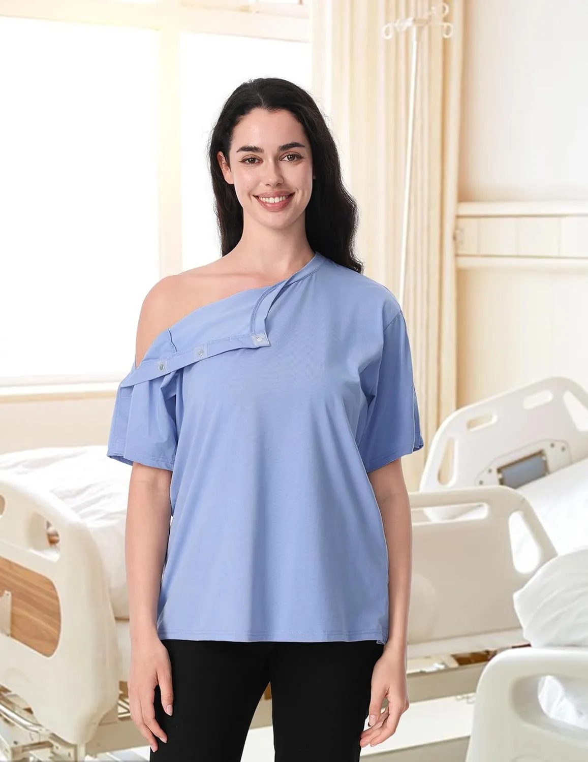 Post Shoulder Surgery Recovery Shirt with Magnetic Buttons for Women Crew Neck Tear Away Shirts for Shoulder Surgery for Men