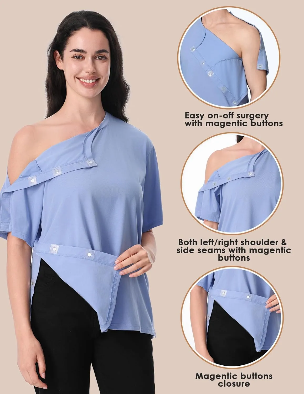 Post Shoulder Surgery Recovery Shirt with Magnetic Buttons for Women Crew Neck Tear Away Shirts for Shoulder Surgery for Men