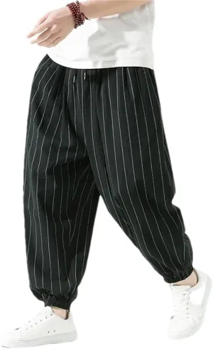 Pulcykp Men Loose Casual Striped Harem Pants Elastic Waist Harajuku Wide Leg Trousers Street Sweatpants