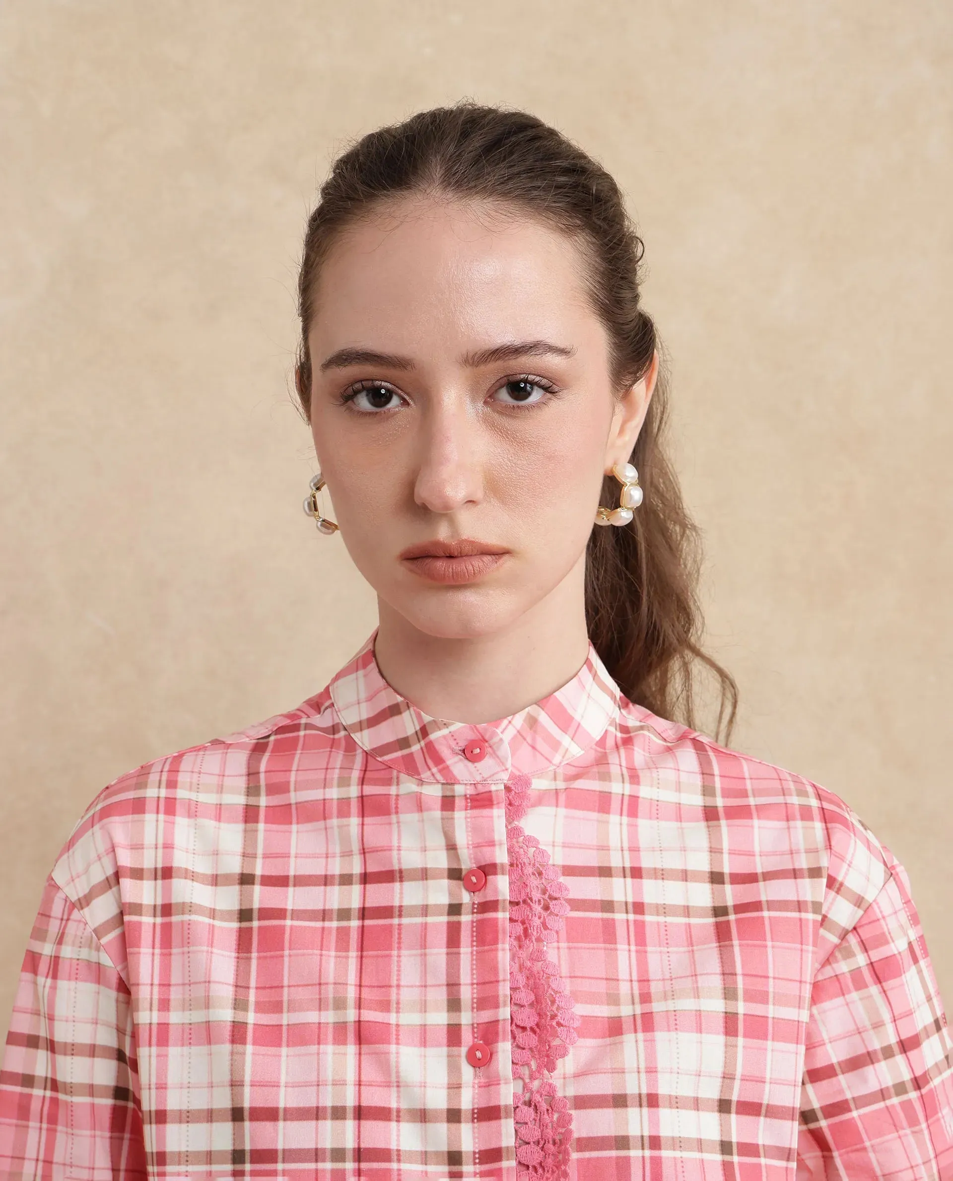 Rareism Women Sekkum Light Pink Cuffed Sleeve Mandarin Collar Regular Fit Flannel Print Shirt