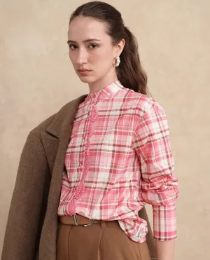 Rareism Women Sekkum Light Pink Cuffed Sleeve Mandarin Collar Regular Fit Flannel Print Shirt