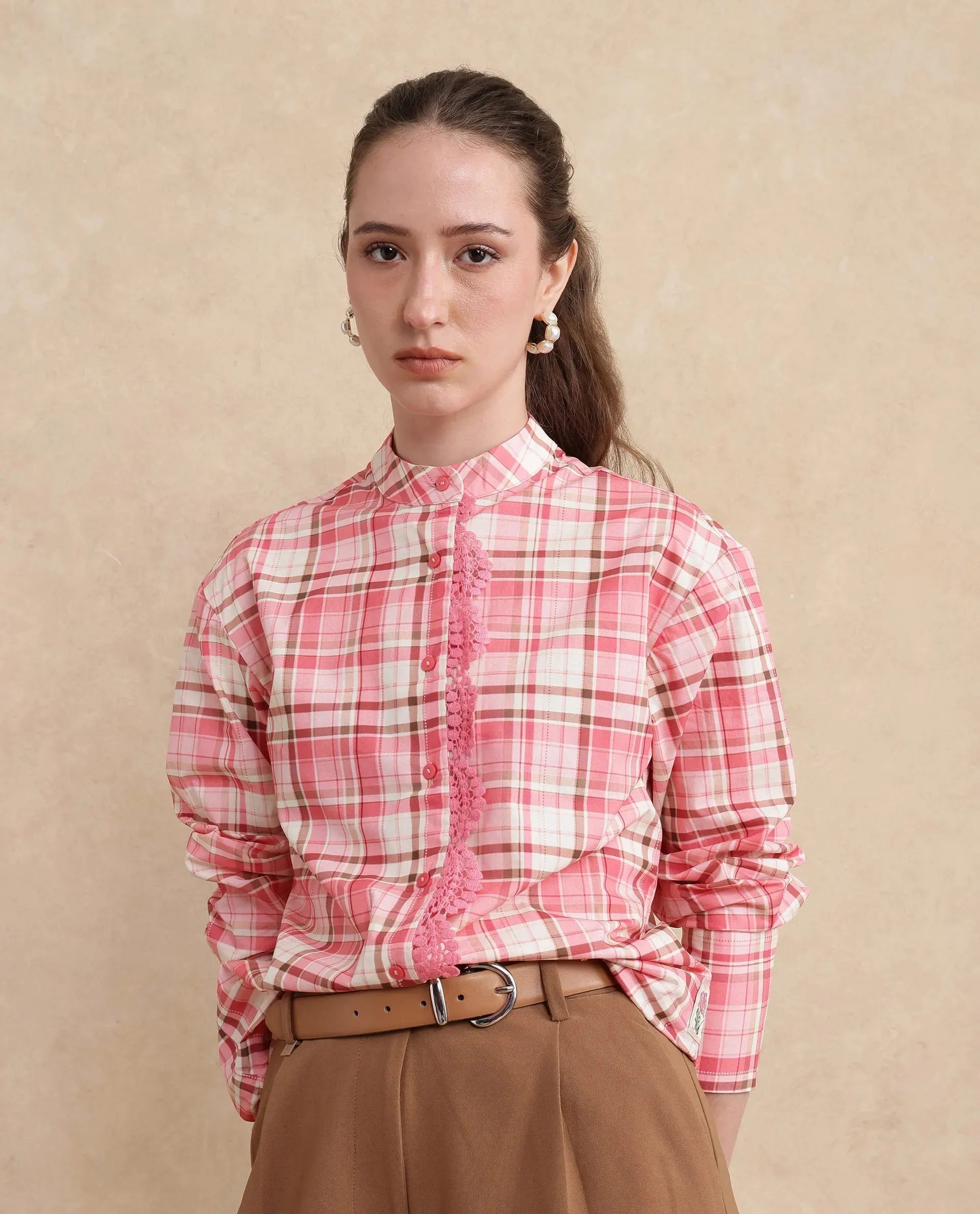 Rareism Women Sekkum Light Pink Cuffed Sleeve Mandarin Collar Regular Fit Flannel Print Shirt
