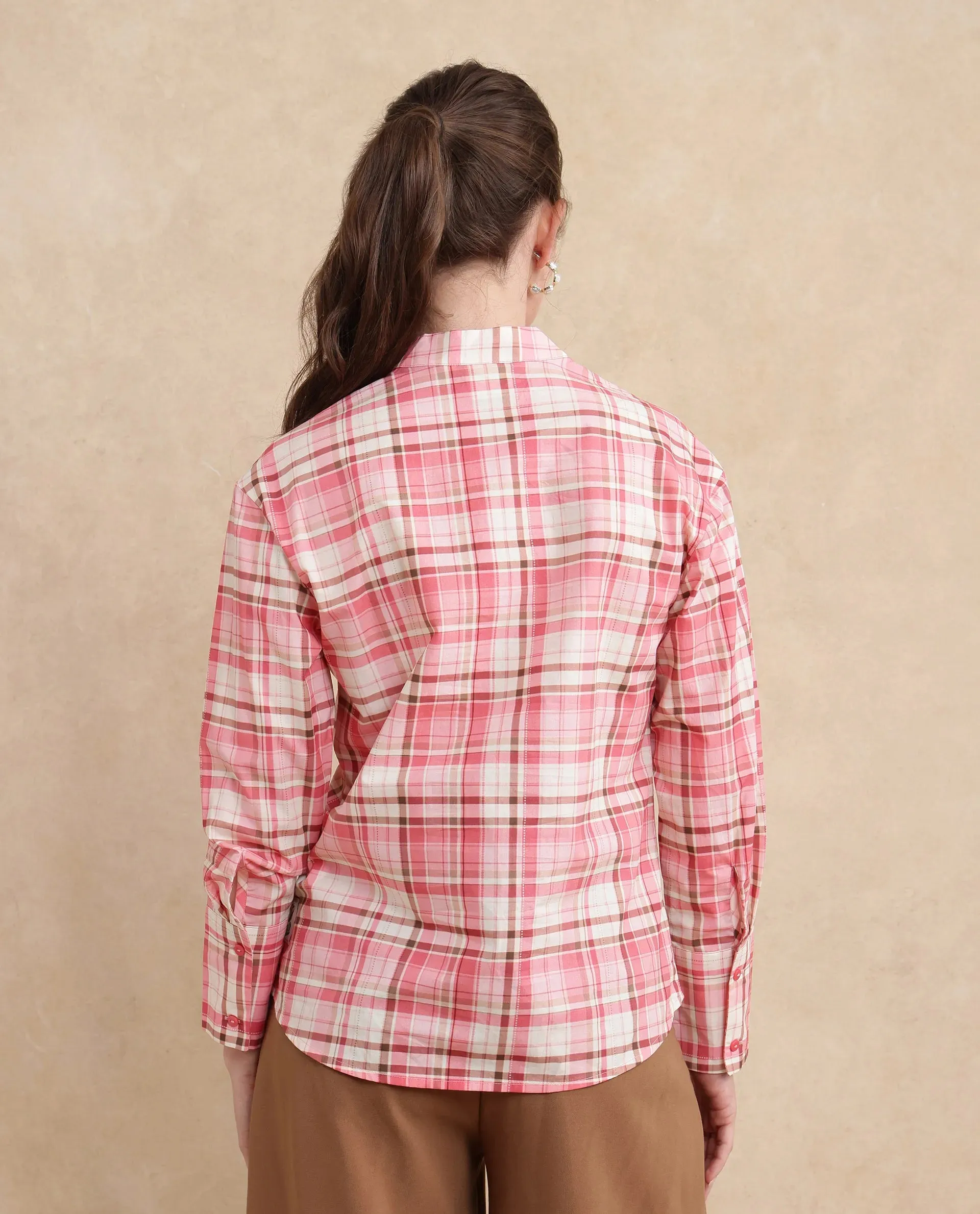 Rareism Women Sekkum Light Pink Cuffed Sleeve Mandarin Collar Regular Fit Flannel Print Shirt