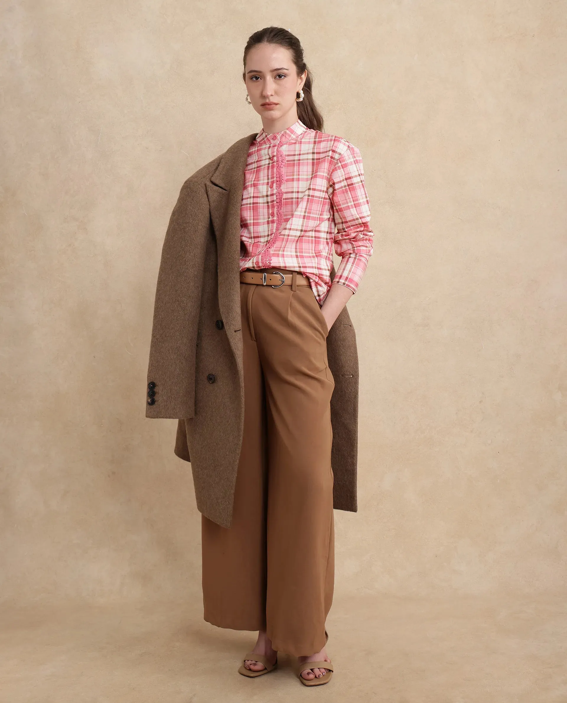 Rareism Women Sekkum Light Pink Cuffed Sleeve Mandarin Collar Regular Fit Flannel Print Shirt