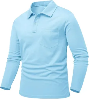 Rdruko Men's Polo with Pocket Long Sleeve Quick Dry Outdoor Golf Pullover Collared T-Shirt