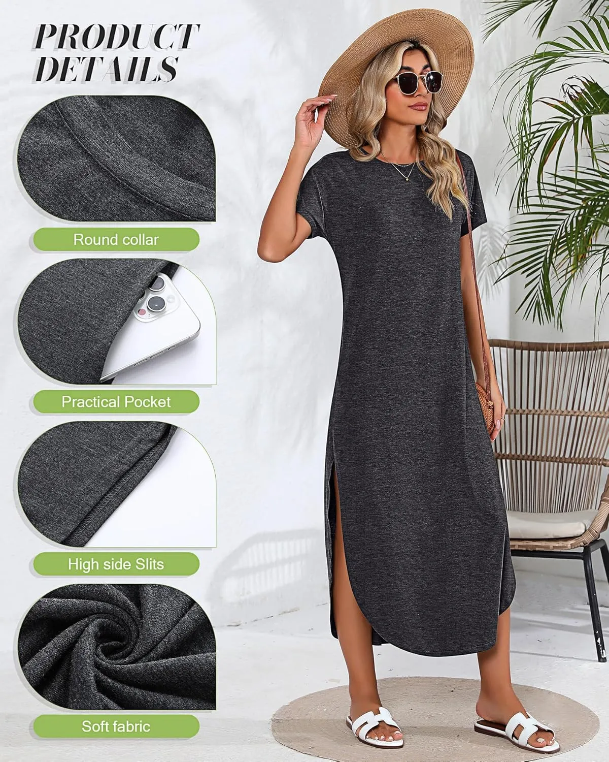 Riyiper 2 Pieces Women's Short Sleeve Maxi Dress Round Neck Casual Loose Split Long Summer Beach Shirt Dress with Pockets