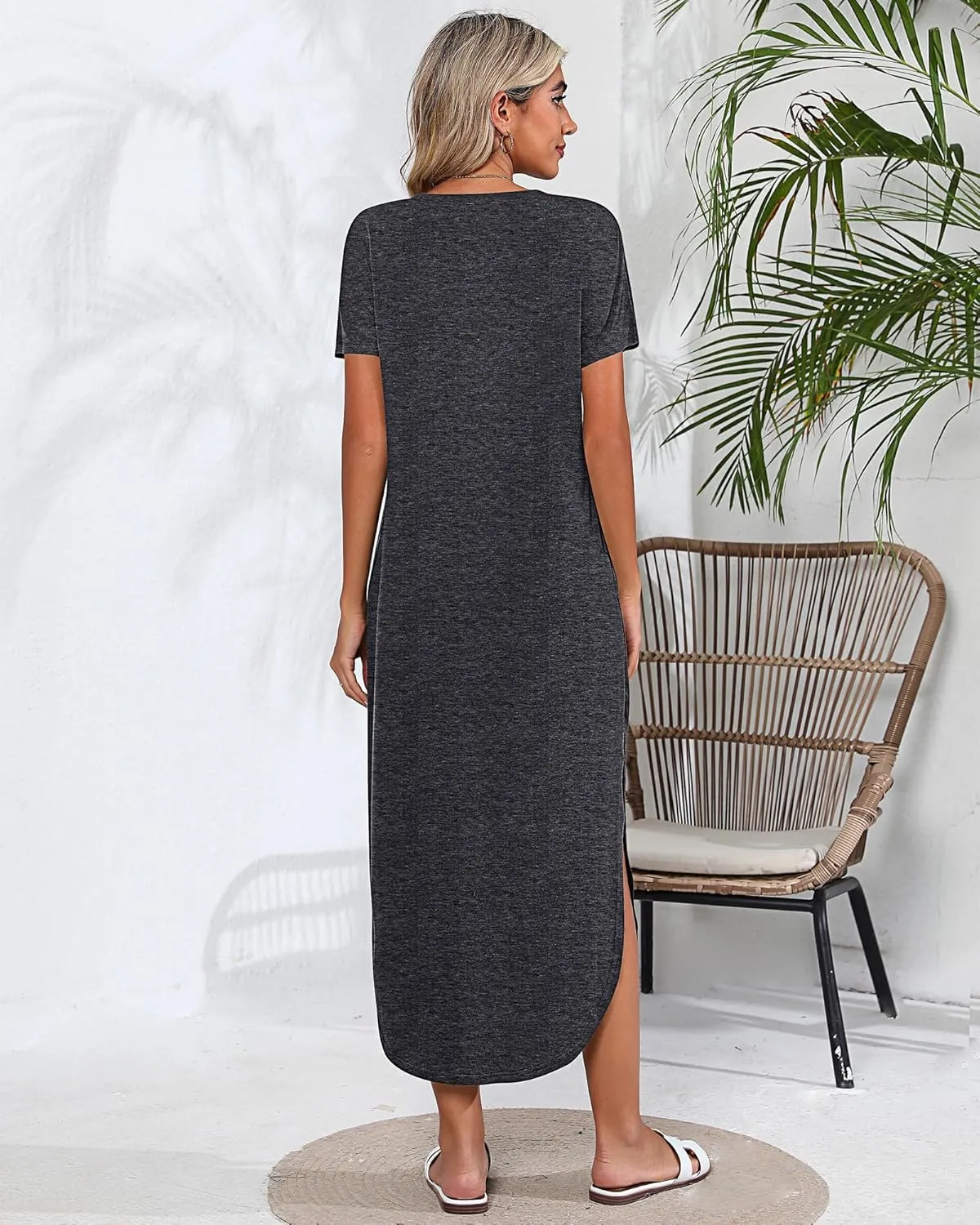 Riyiper 2 Pieces Women's Short Sleeve Maxi Dress Round Neck Casual Loose Split Long Summer Beach Shirt Dress with Pockets