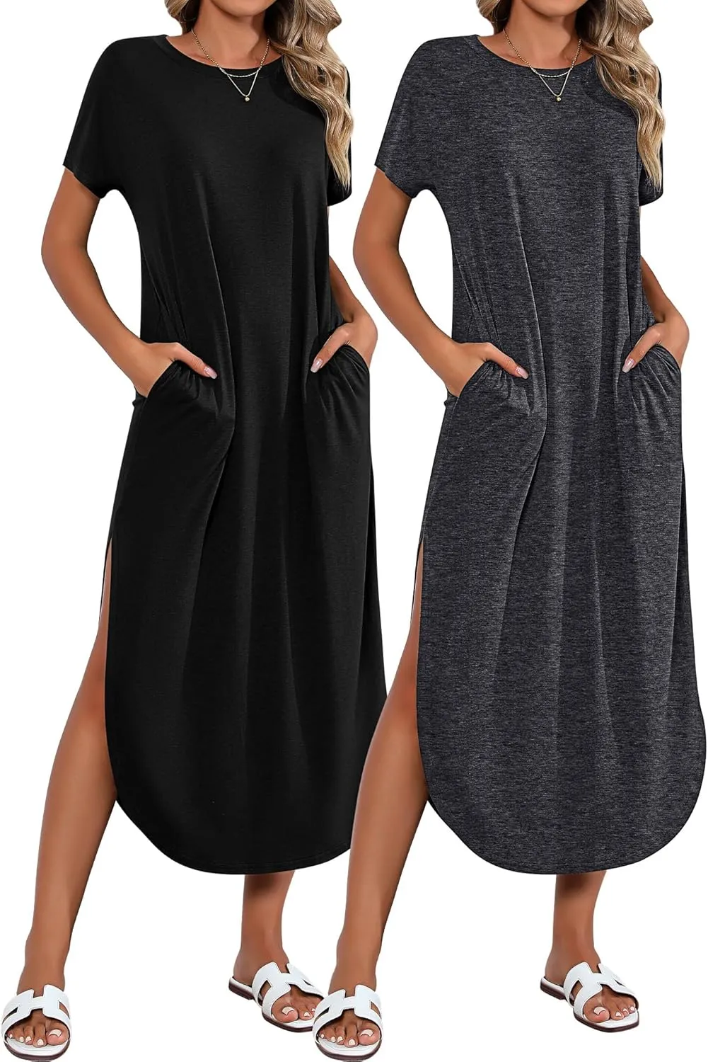 Riyiper 2 Pieces Women's Short Sleeve Maxi Dress Round Neck Casual Loose Split Long Summer Beach Shirt Dress with Pockets
