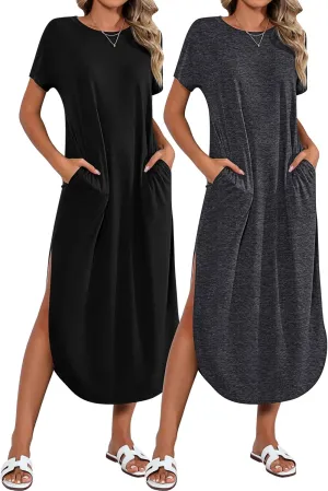 Riyiper 2 Pieces Women's Short Sleeve Maxi Dress Round Neck Casual Loose Split Long Summer Beach Shirt Dress with Pockets