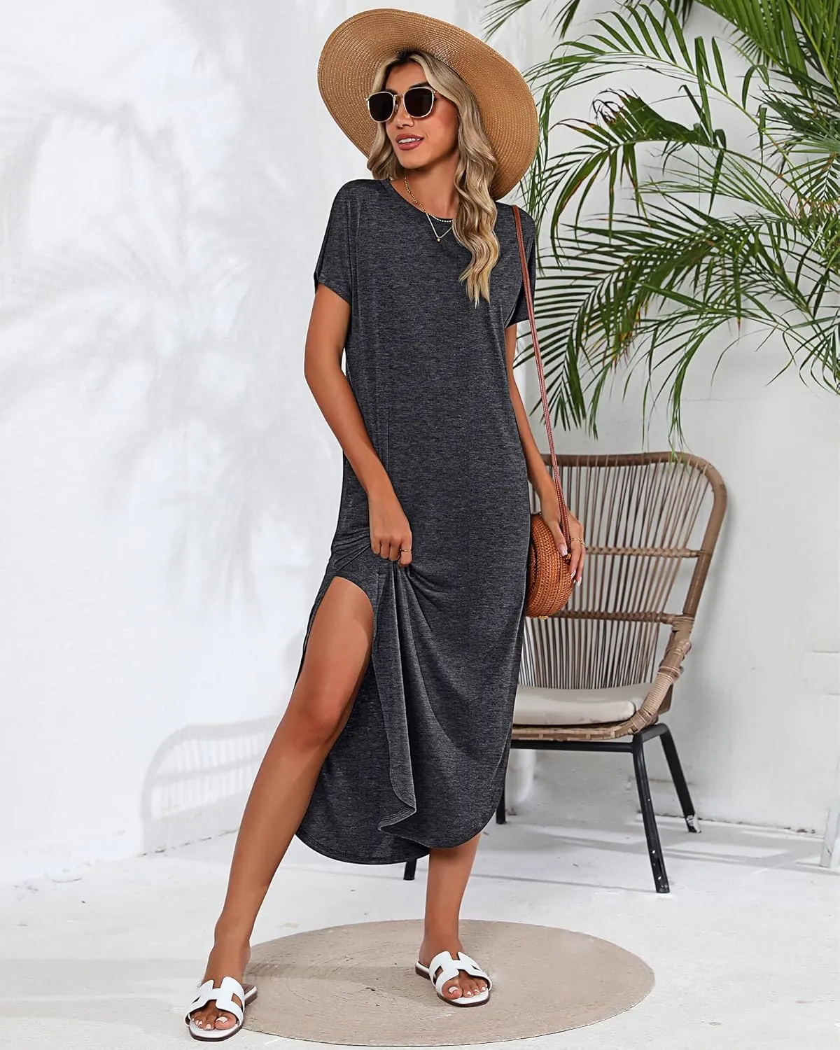 Riyiper 2 Pieces Women's Short Sleeve Maxi Dress Round Neck Casual Loose Split Long Summer Beach Shirt Dress with Pockets