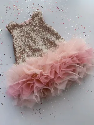 Rose Gold Sequin and Pink Tulle Rainbow Princess Evening Gown
