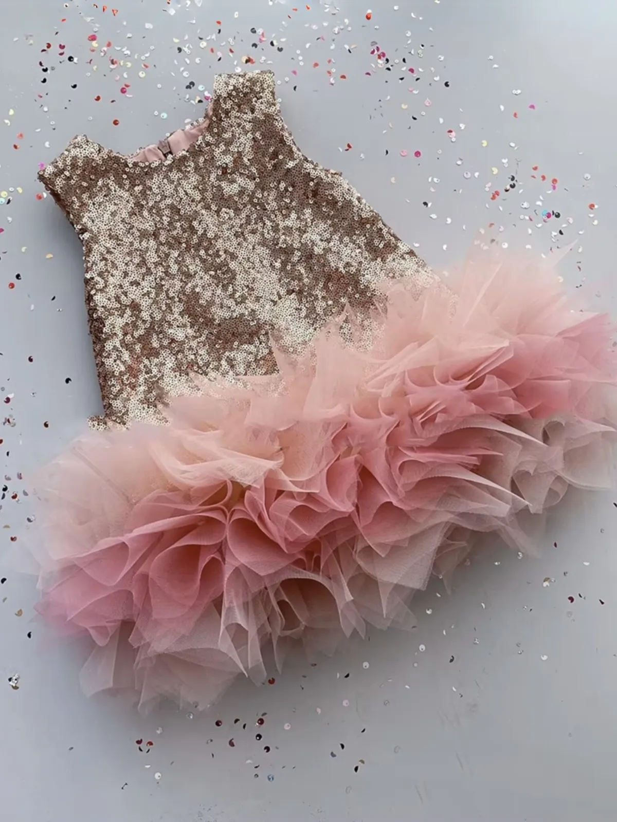 Rose Gold Sequin and Pink Tulle Rainbow Princess Evening Gown