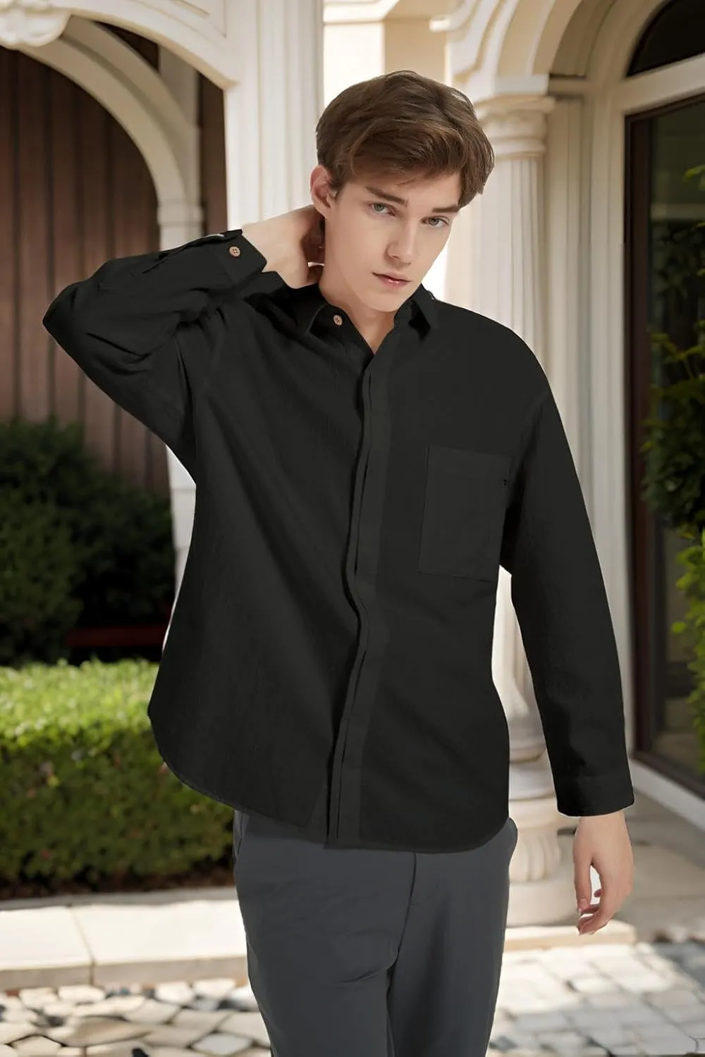 Ross&Freckle Mens Casual Long Sleeve Cotton Linen Shirts with Pocket Dress Shirt for Men with Pocket
