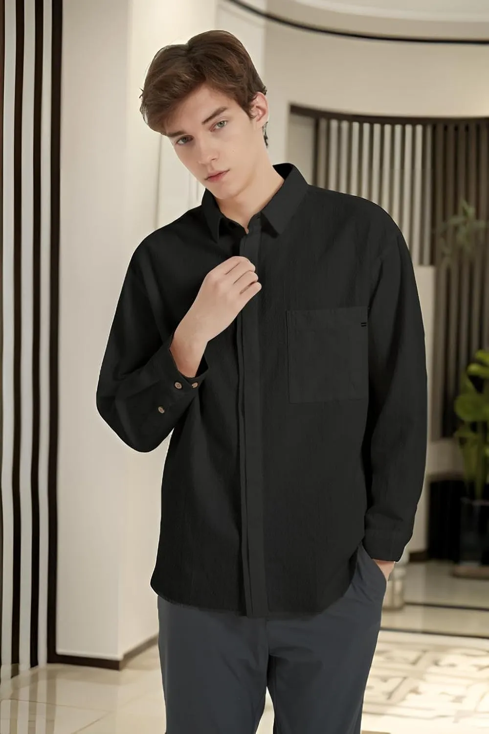 Ross&Freckle Mens Casual Long Sleeve Cotton Linen Shirts with Pocket Dress Shirt for Men with Pocket