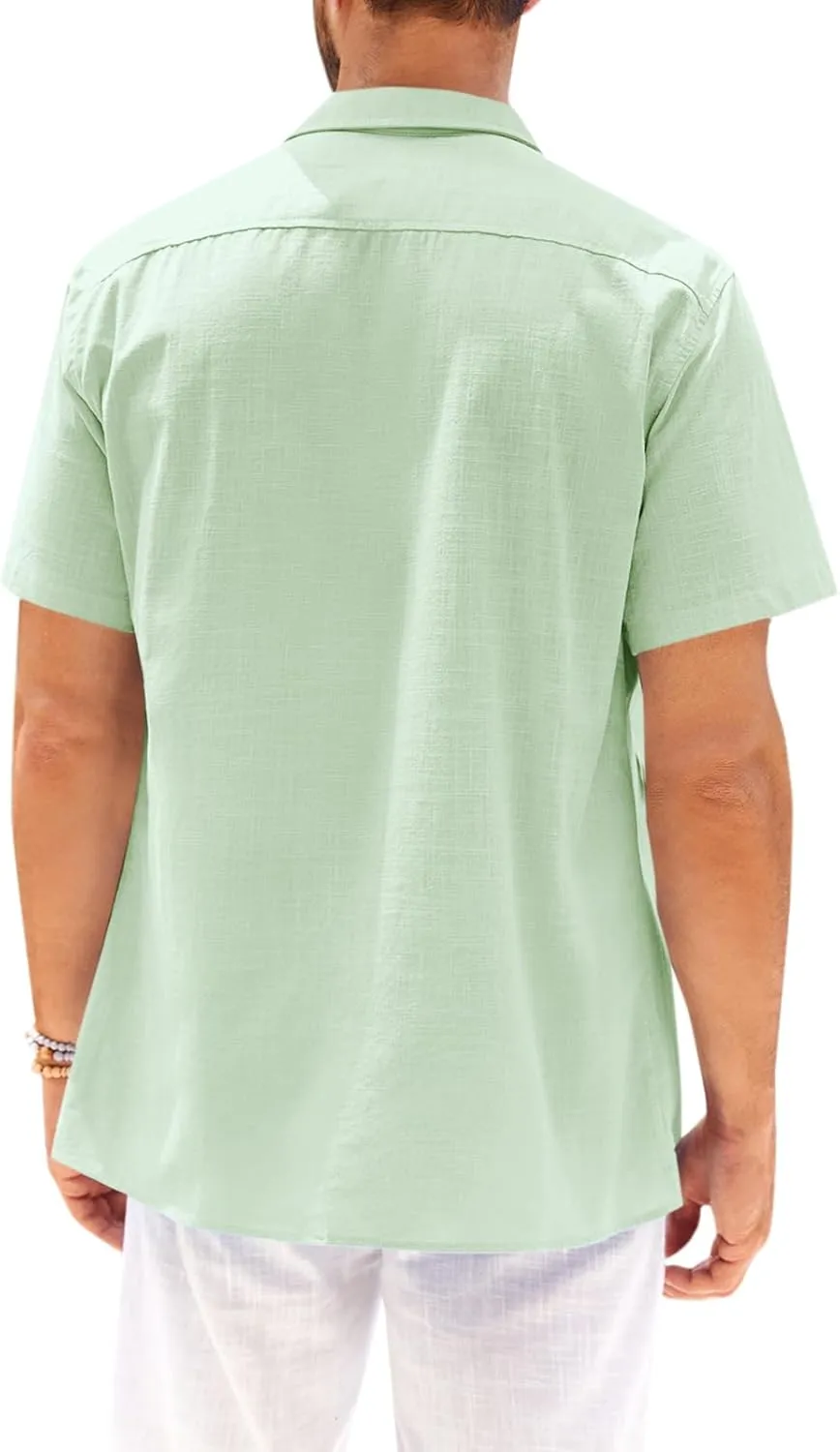Runcati Mens Hawaiian Shirt Short Sleeve Button Down Summer Beach Vacation Cotton Linen Shirts