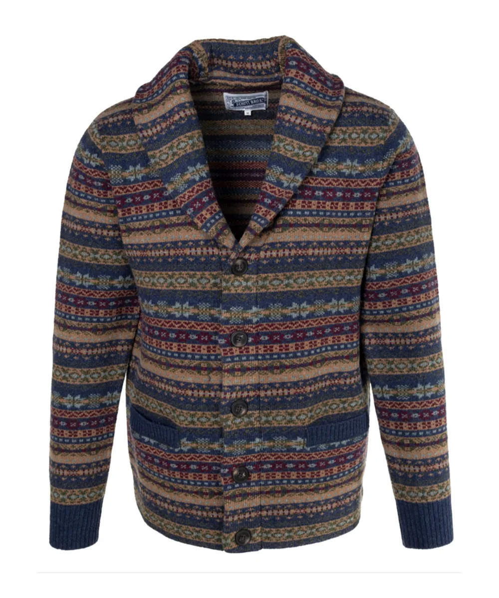 Schott NYC Men's Wool Fair Isle Cardigan Sweater - Navy