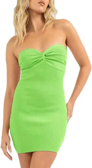 Sdencin Women Sexy Twist Knot Front Ribbed Knit Bodycon Bandeau Tube Mini Dress Solid Strapless Short Pencil Party Dress