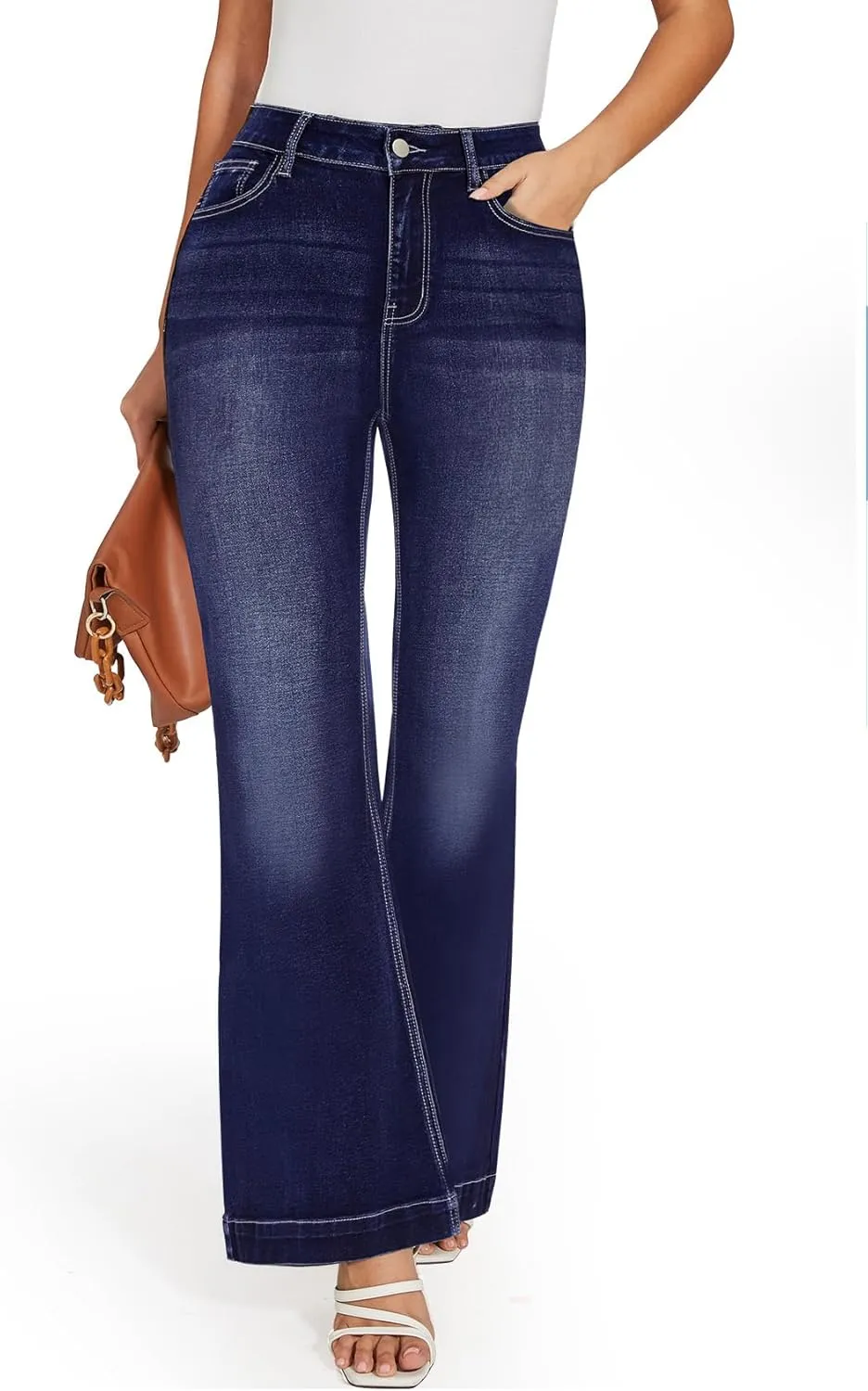 SEASUM Butt Lifting Bootcut Jeans Tummy Control Trendy Flare Leg Jeans for Women Casual Flap Pockets Denim Pants