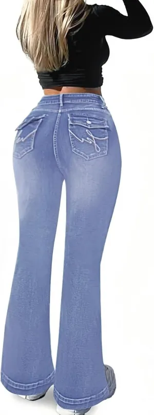 SEASUM Butt Lifting Bootcut Jeans Tummy Control Trendy Flare Leg Jeans for Women Casual Flap Pockets Denim Pants