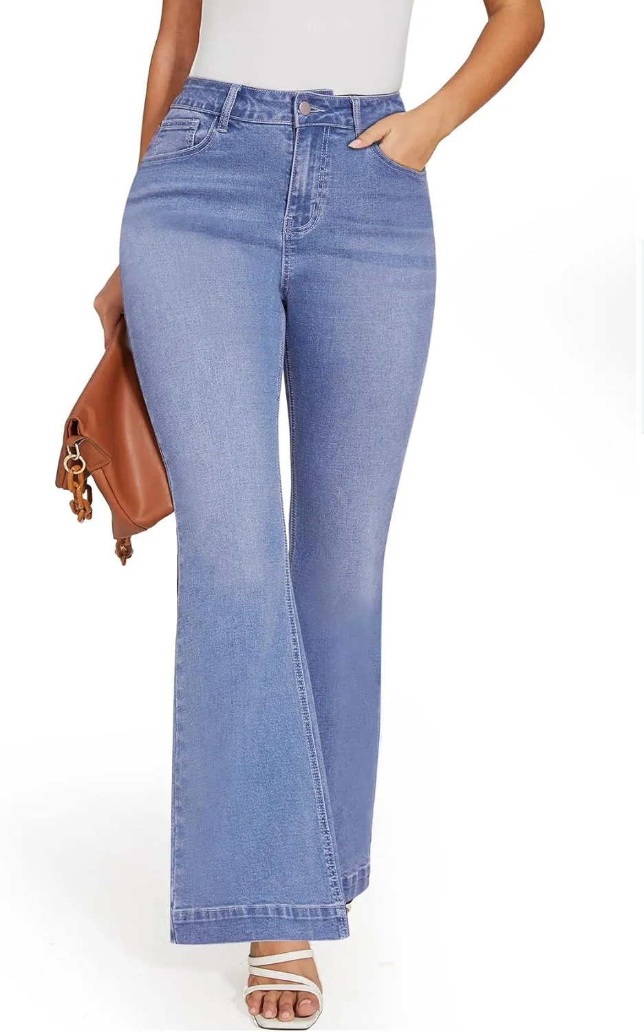 SEASUM Butt Lifting Bootcut Jeans Tummy Control Trendy Flare Leg Jeans for Women Casual Flap Pockets Denim Pants