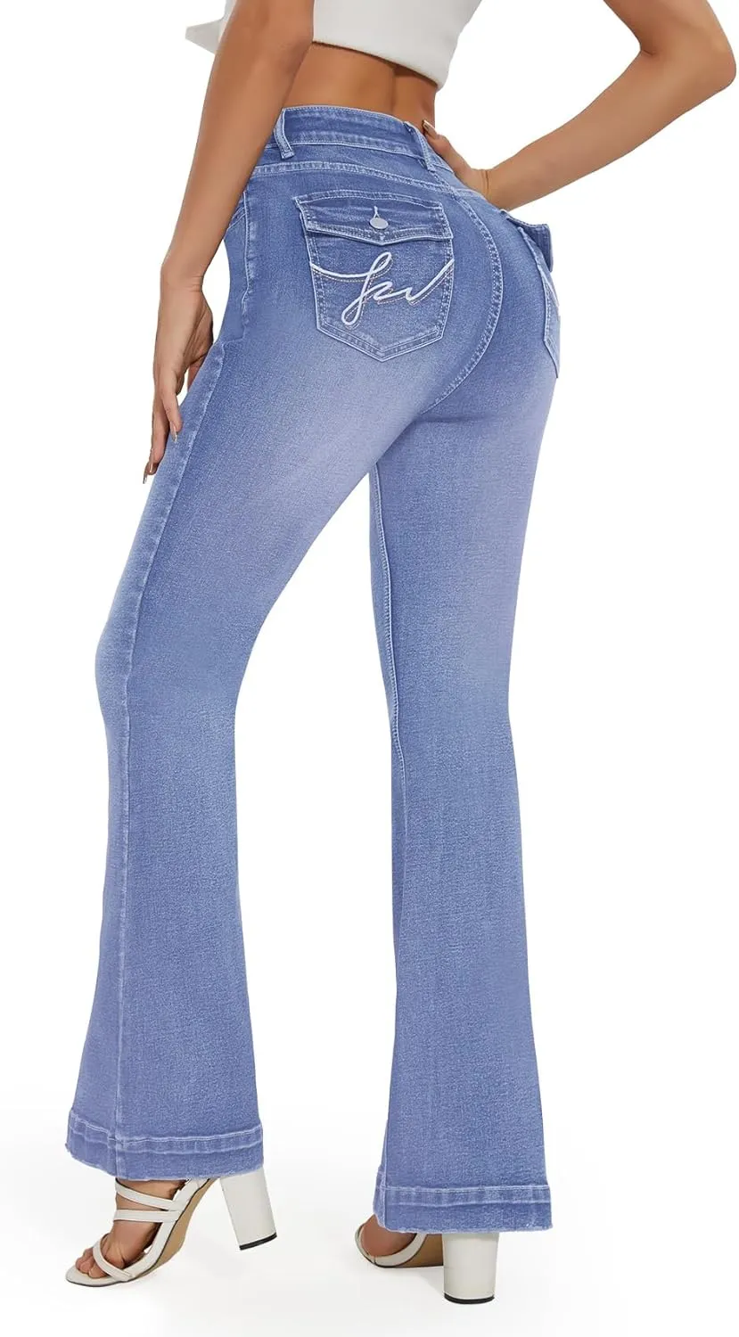 SEASUM Butt Lifting Bootcut Jeans Tummy Control Trendy Flare Leg Jeans for Women Casual Flap Pockets Denim Pants