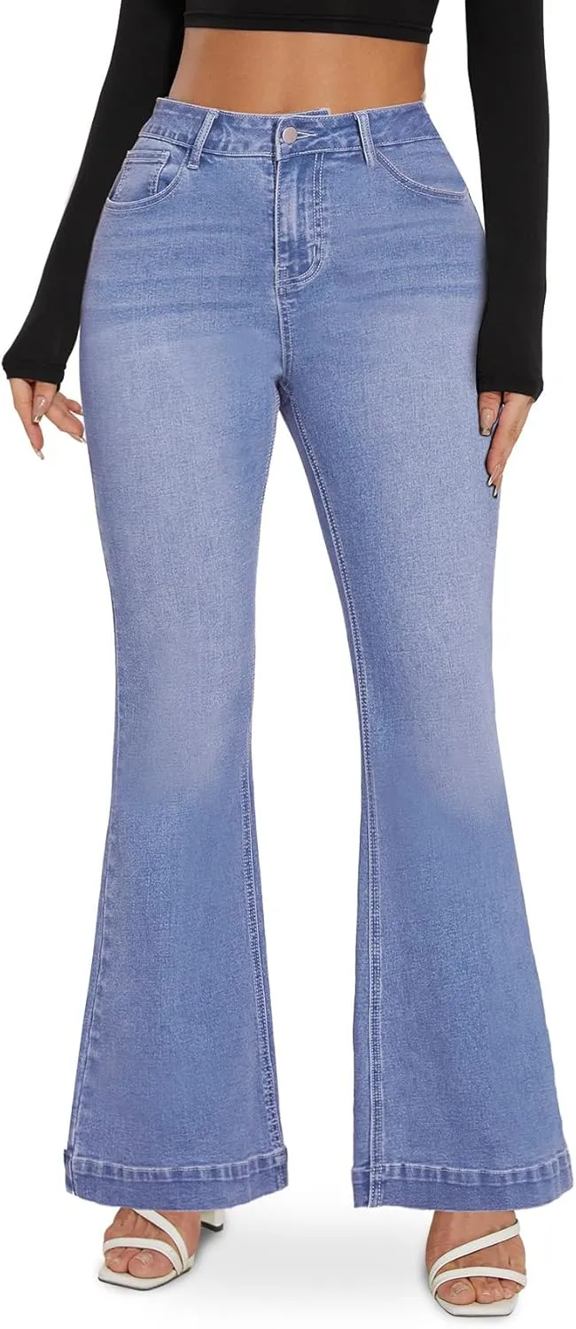 SEASUM Butt Lifting Bootcut Jeans Tummy Control Trendy Flare Leg Jeans for Women Casual Flap Pockets Denim Pants
