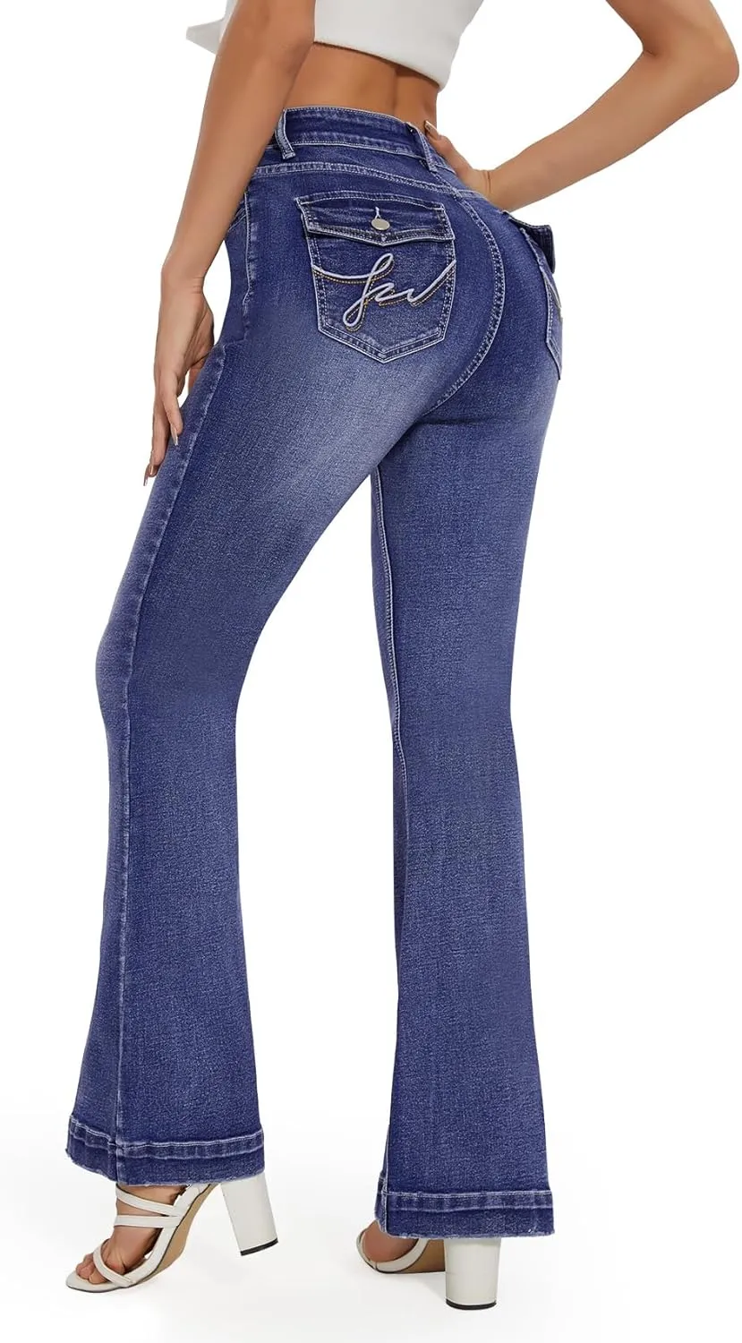 SEASUM Butt Lifting Bootcut Jeans Tummy Control Trendy Flare Leg Jeans for Women Casual Flap Pockets Denim Pants