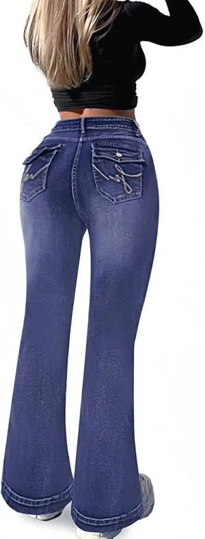 SEASUM Butt Lifting Bootcut Jeans Tummy Control Trendy Flare Leg Jeans for Women Casual Flap Pockets Denim Pants