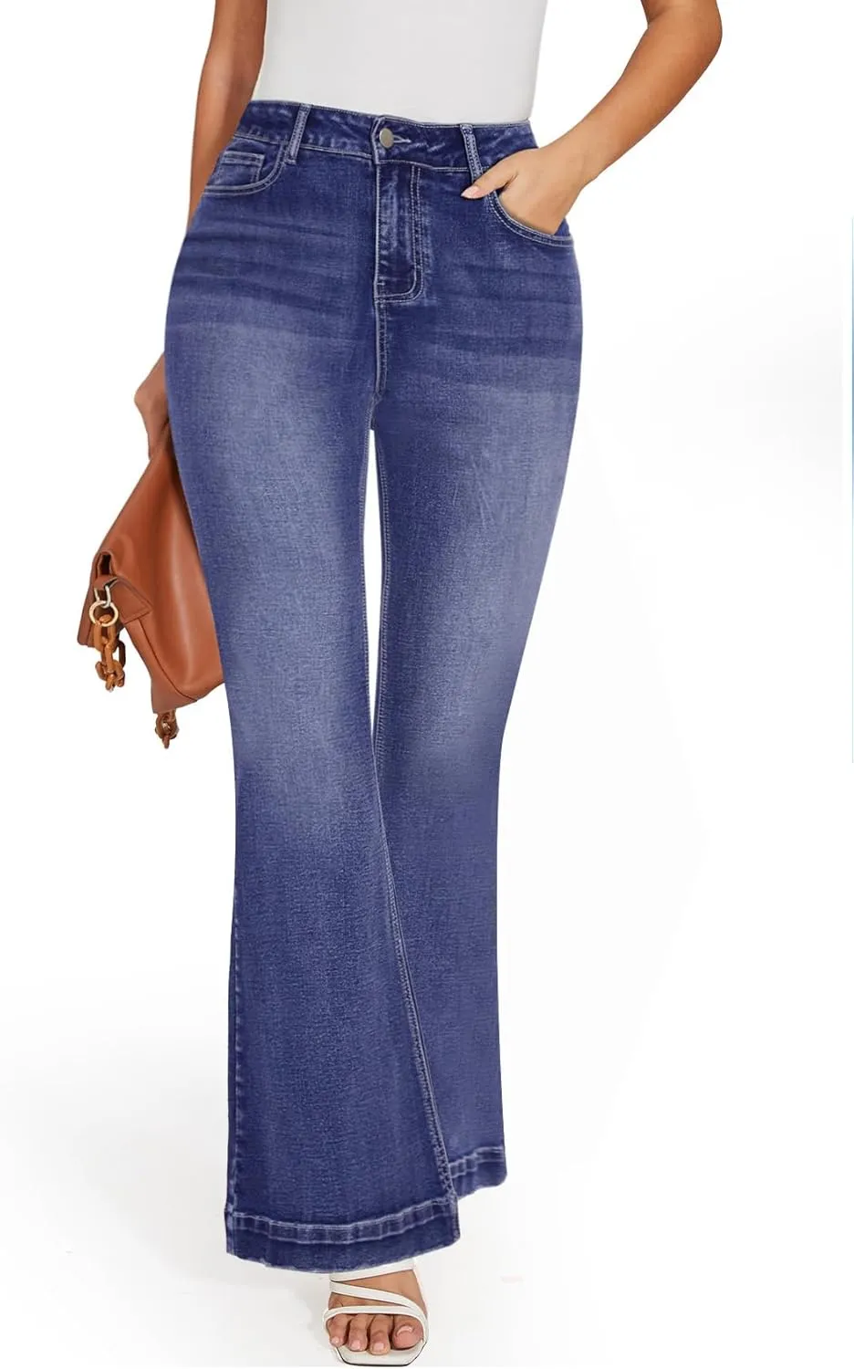 SEASUM Butt Lifting Bootcut Jeans Tummy Control Trendy Flare Leg Jeans for Women Casual Flap Pockets Denim Pants
