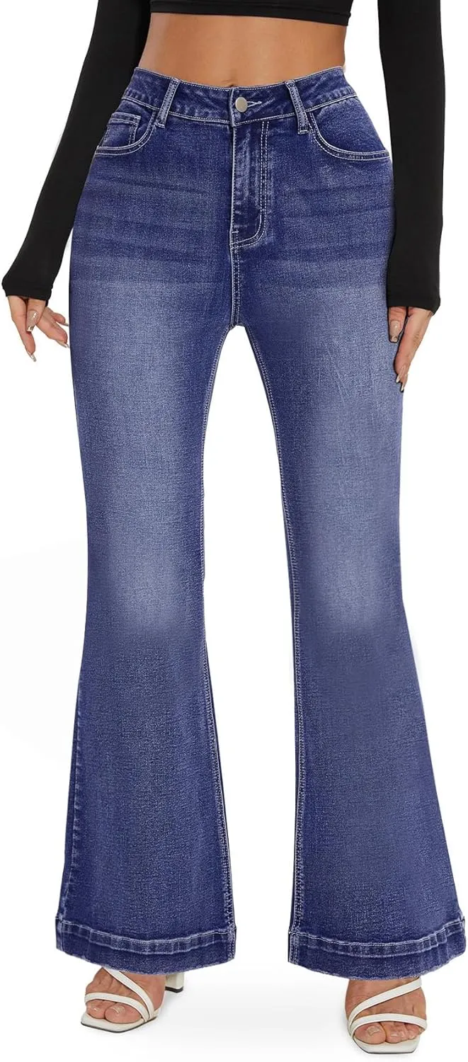 SEASUM Butt Lifting Bootcut Jeans Tummy Control Trendy Flare Leg Jeans for Women Casual Flap Pockets Denim Pants