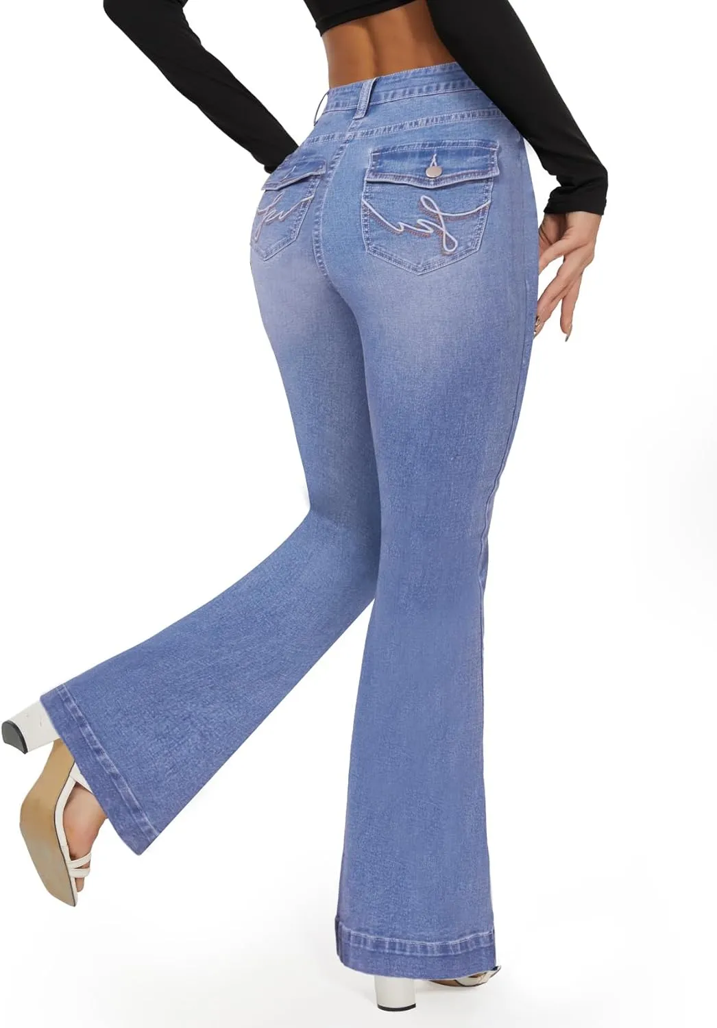 SEASUM Butt Lifting Bootcut Jeans Tummy Control Trendy Flare Leg Jeans for Women Casual Flap Pockets Denim Pants