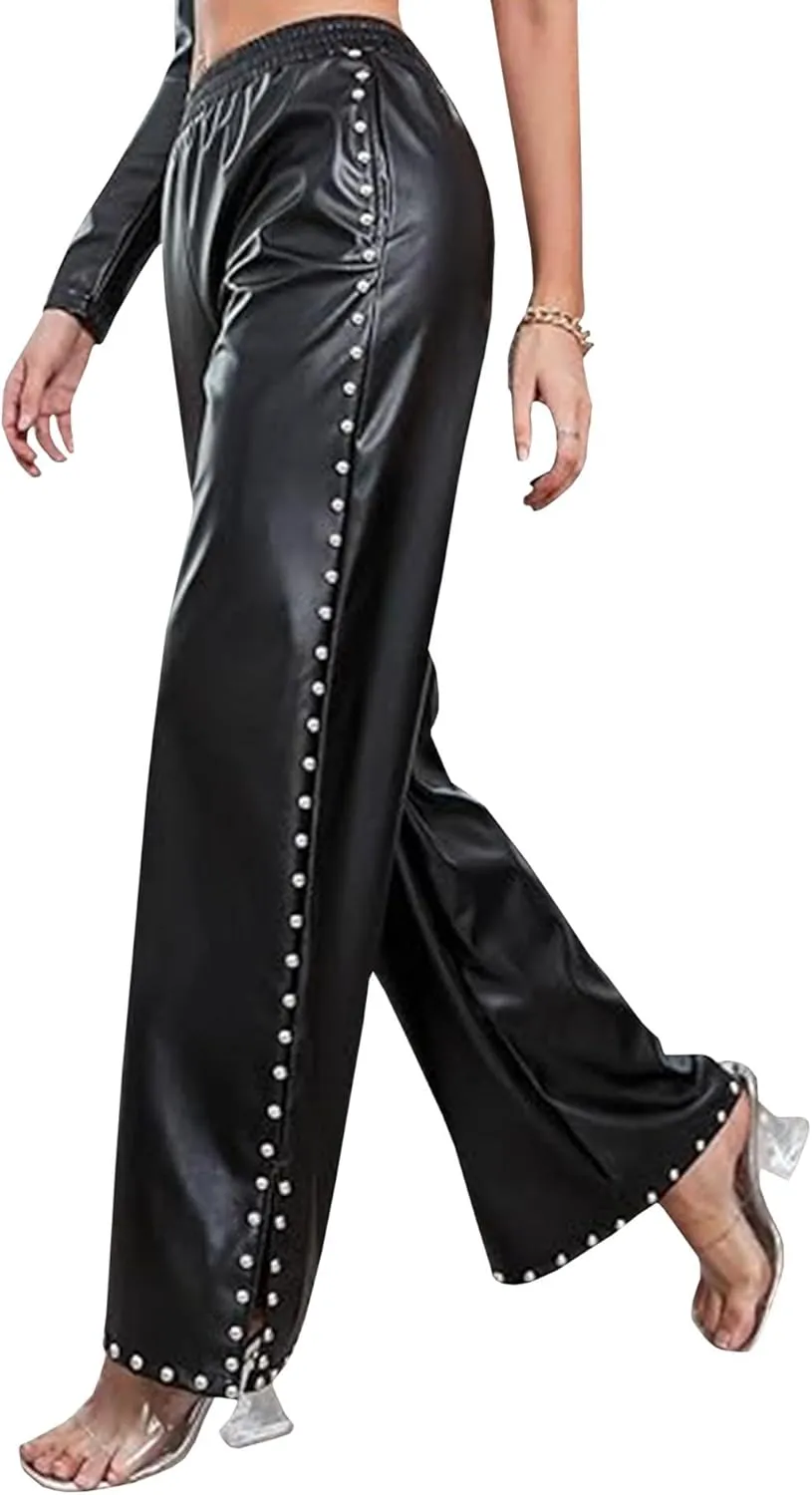 SEMATOMALA Women's Wide Leg Faux Leather Pants Rivets Slit Elastic Waist Flare PU Trousers with Pockets