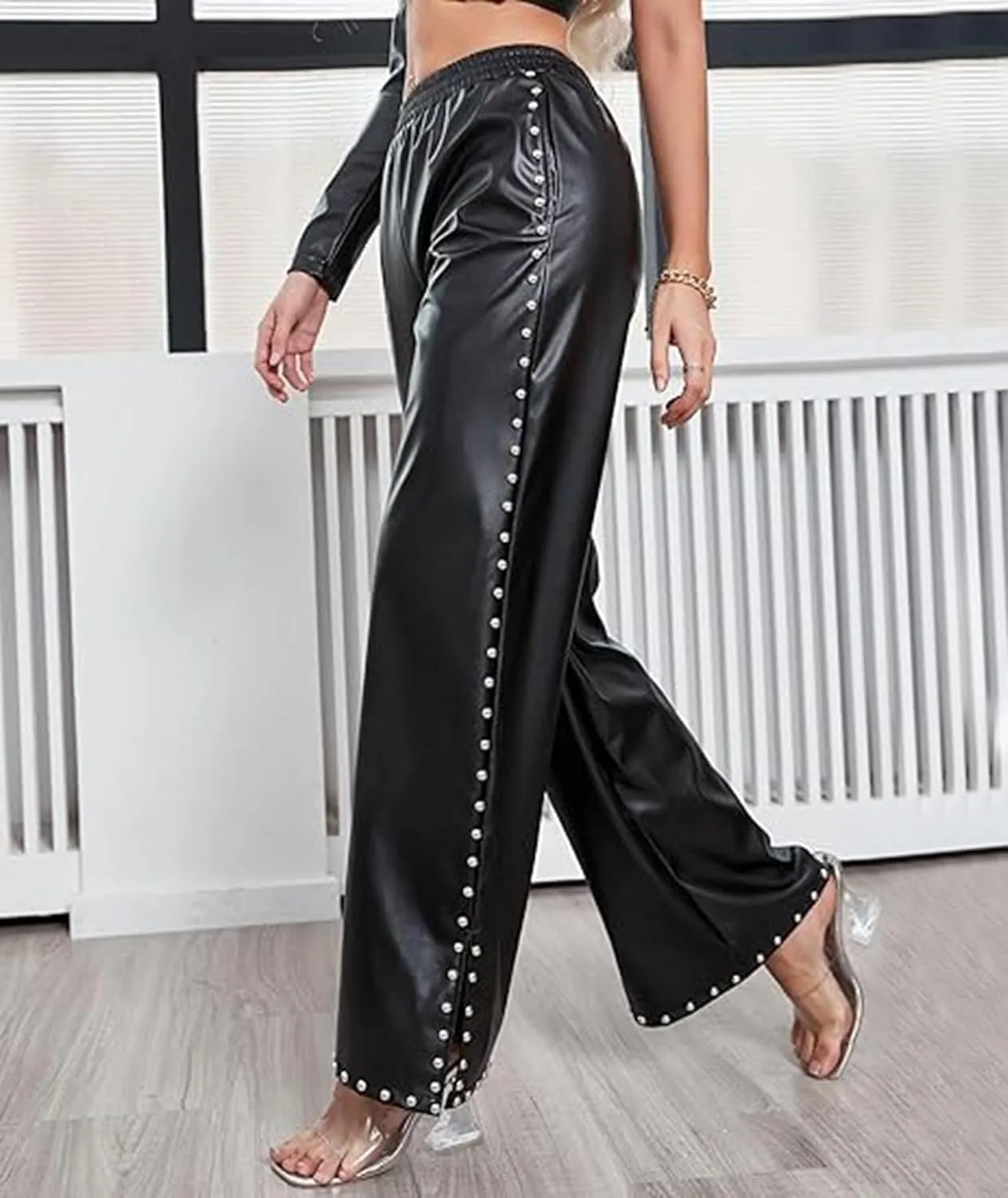 SEMATOMALA Women's Wide Leg Faux Leather Pants Rivets Slit Elastic Waist Flare PU Trousers with Pockets