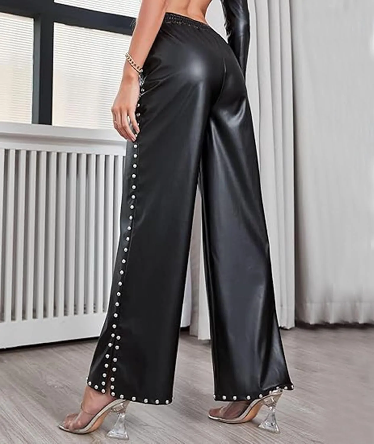 SEMATOMALA Women's Wide Leg Faux Leather Pants Rivets Slit Elastic Waist Flare PU Trousers with Pockets