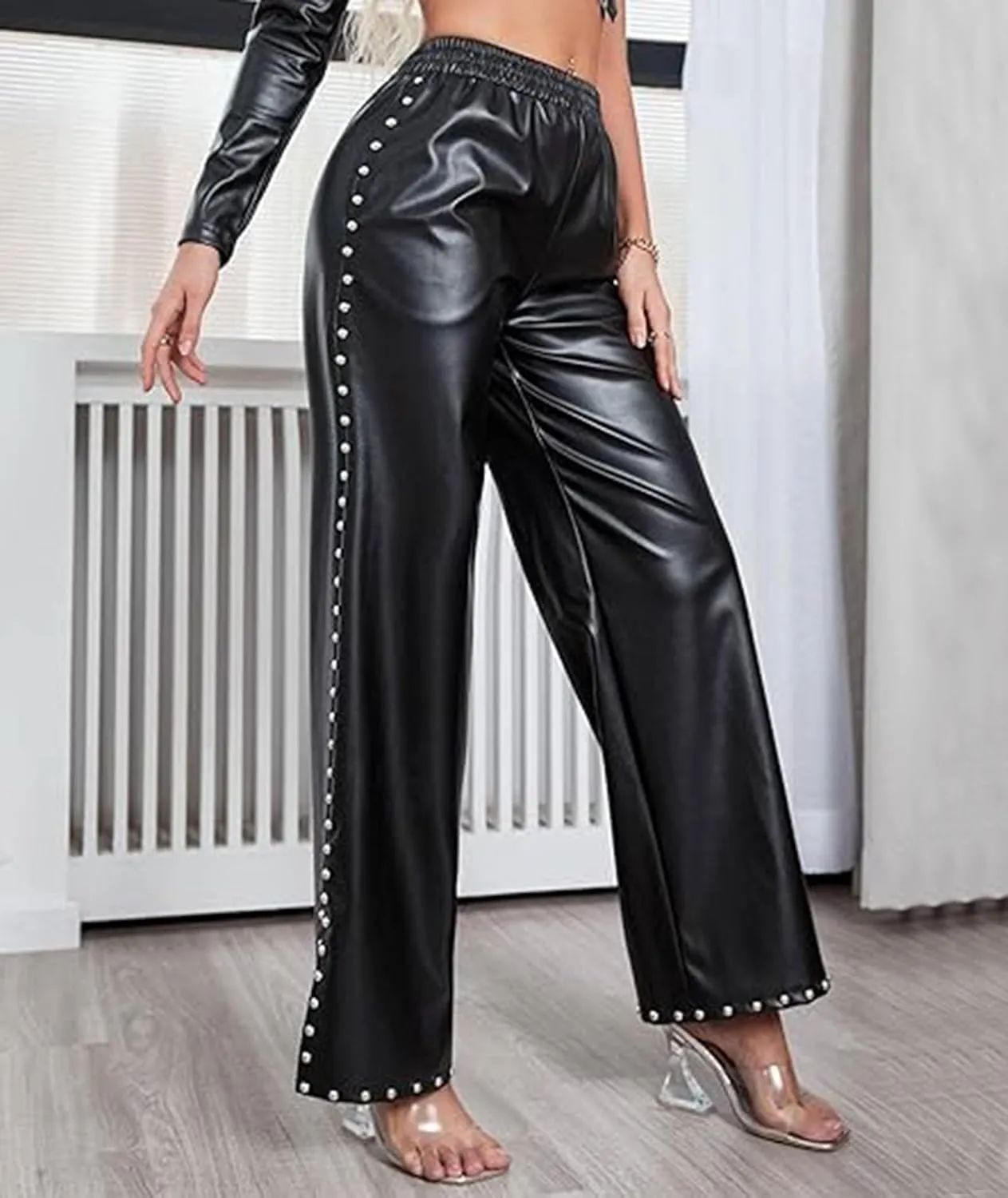 SEMATOMALA Women's Wide Leg Faux Leather Pants Rivets Slit Elastic Waist Flare PU Trousers with Pockets