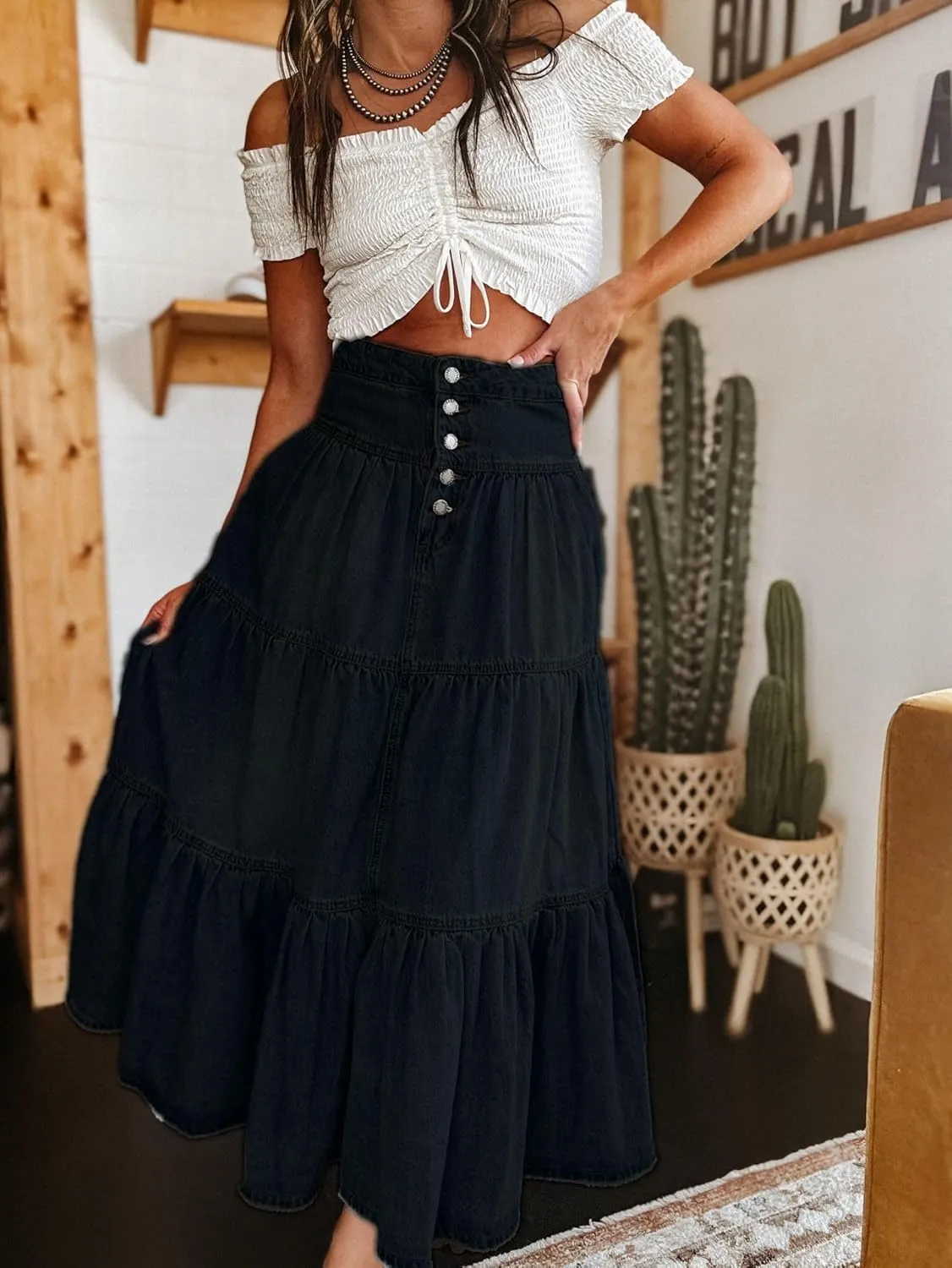 Seyumixi Women Tiered Denim Maxi Skirt Button Ruffle Flowy Jean Long Skirt High Waist A Line Jeans Midi Skirt