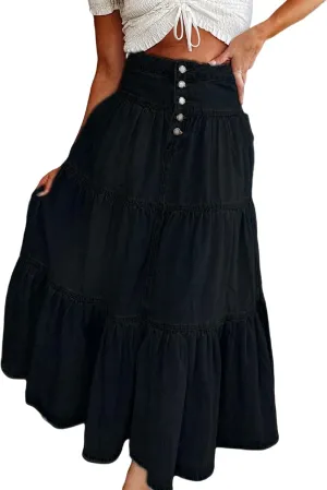 Seyumixi Women Tiered Denim Maxi Skirt Button Ruffle Flowy Jean Long Skirt High Waist A Line Jeans Midi Skirt