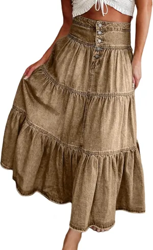 Seyumixi Women Tiered Denim Maxi Skirt Button Ruffle Flowy Jean Long Skirt High Waist A Line Jeans Midi Skirt
