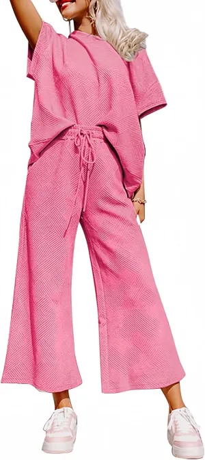 SHEWIN Women's 2 Piece Outfits Sweatsuit Casual Short Sleeve Pullover Tops and Drawstring Wide Leg Pants Lounge Sets