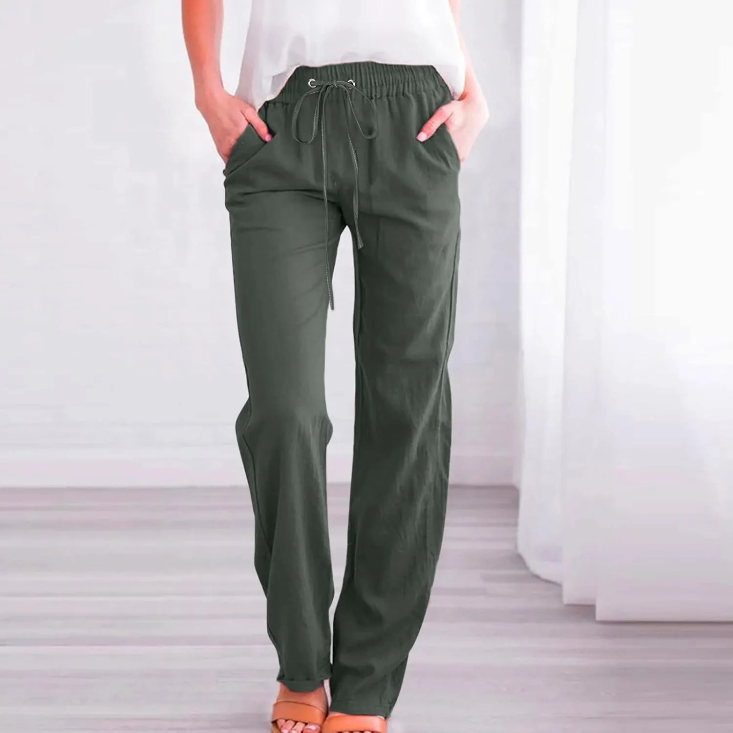 SMIDOW Womens Casual Pants Regular Fit Straight Leg Drawstring Elastic High Waist Trousers with Pockets Trendy
