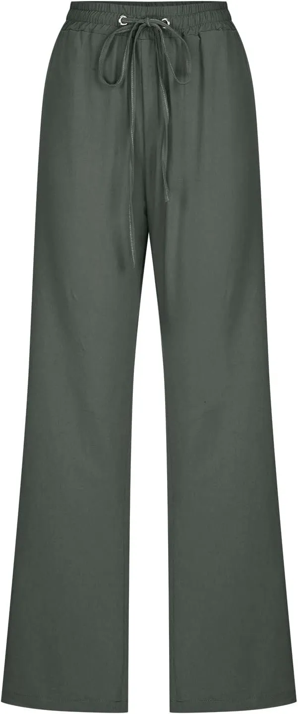 SMIDOW Womens Casual Pants Regular Fit Straight Leg Drawstring Elastic High Waist Trousers with Pockets Trendy