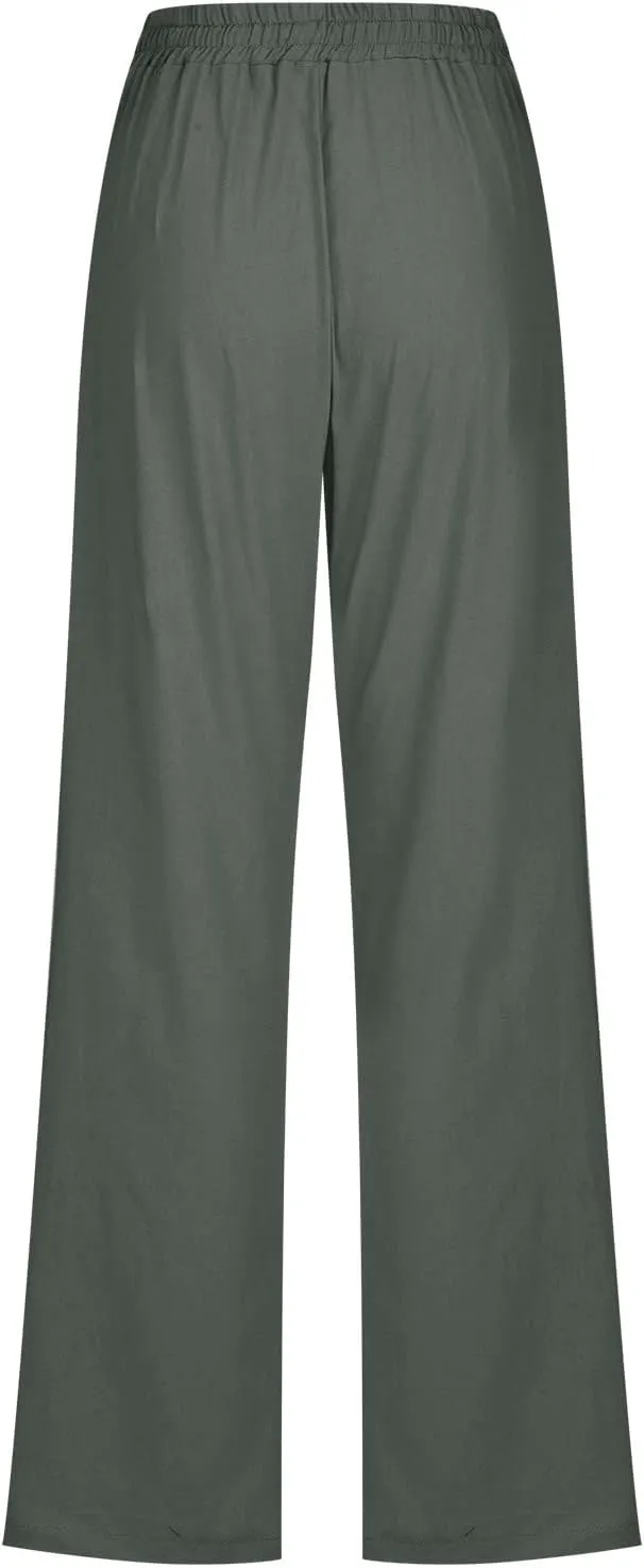 SMIDOW Womens Casual Pants Regular Fit Straight Leg Drawstring Elastic High Waist Trousers with Pockets Trendy