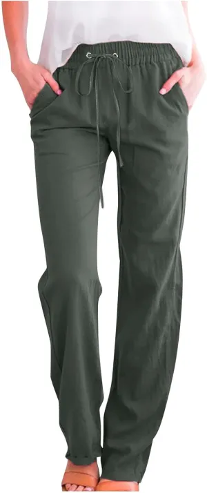 SMIDOW Womens Casual Pants Regular Fit Straight Leg Drawstring Elastic High Waist Trousers with Pockets Trendy
