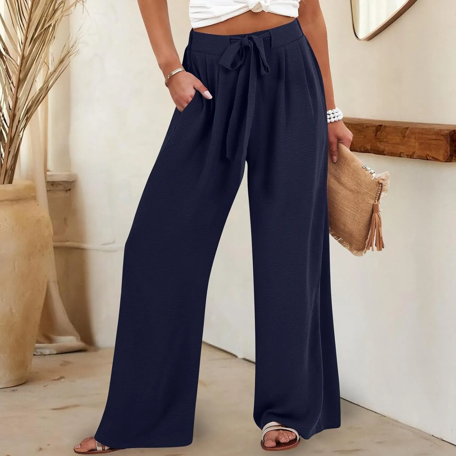 Solid Cotton Linen Pants for Women Wide Leg Drawstring Elastic High Waist Pant Casual Summer Relax Trousers