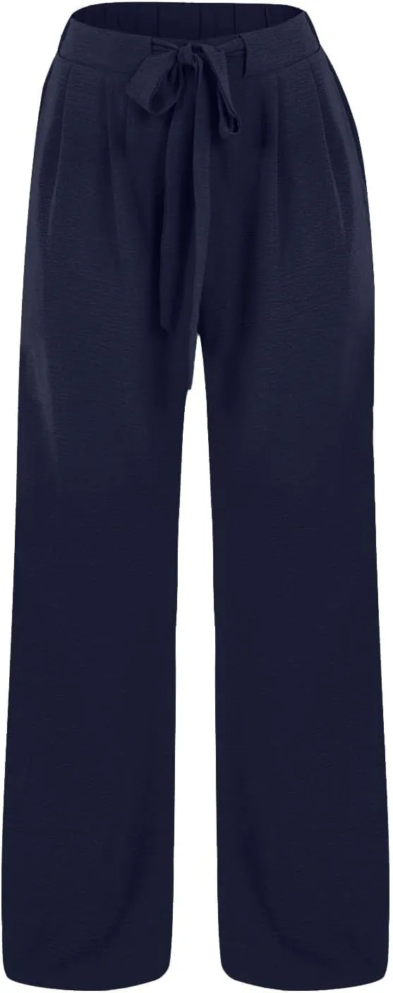 Solid Cotton Linen Pants for Women Wide Leg Drawstring Elastic High Waist Pant Casual Summer Relax Trousers